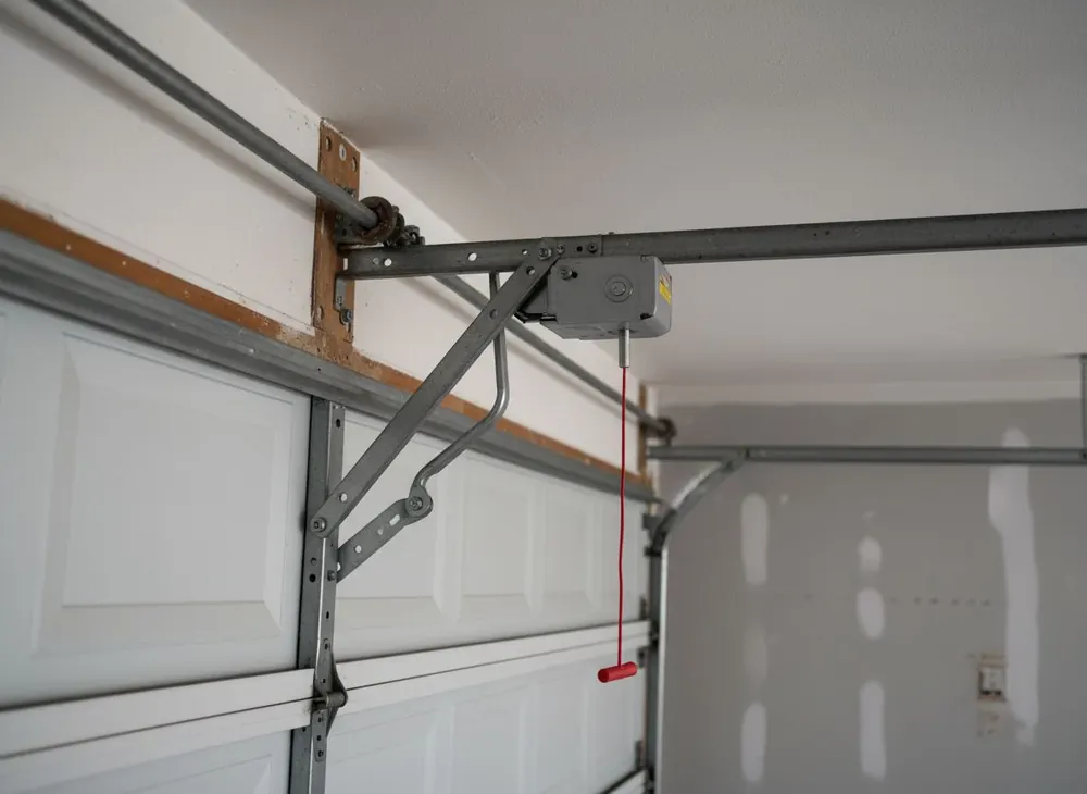Opener rail and trolley running above a steel sectional door