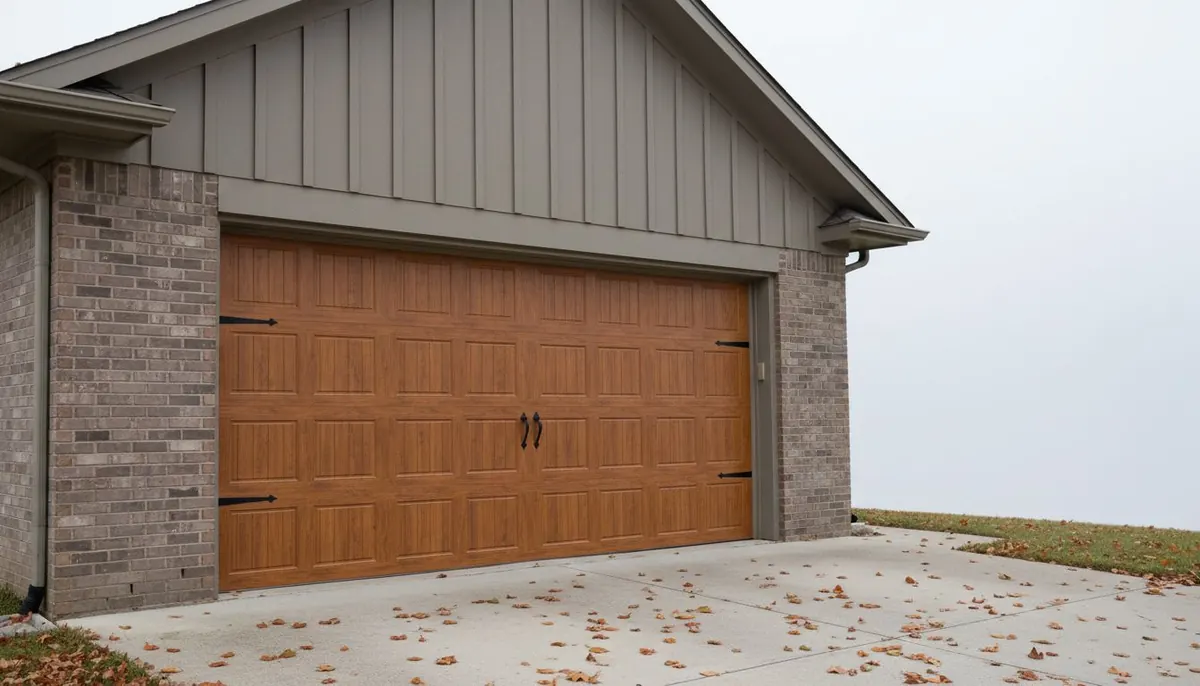 Wood-look carriage house garage door with black strap hinges and handles