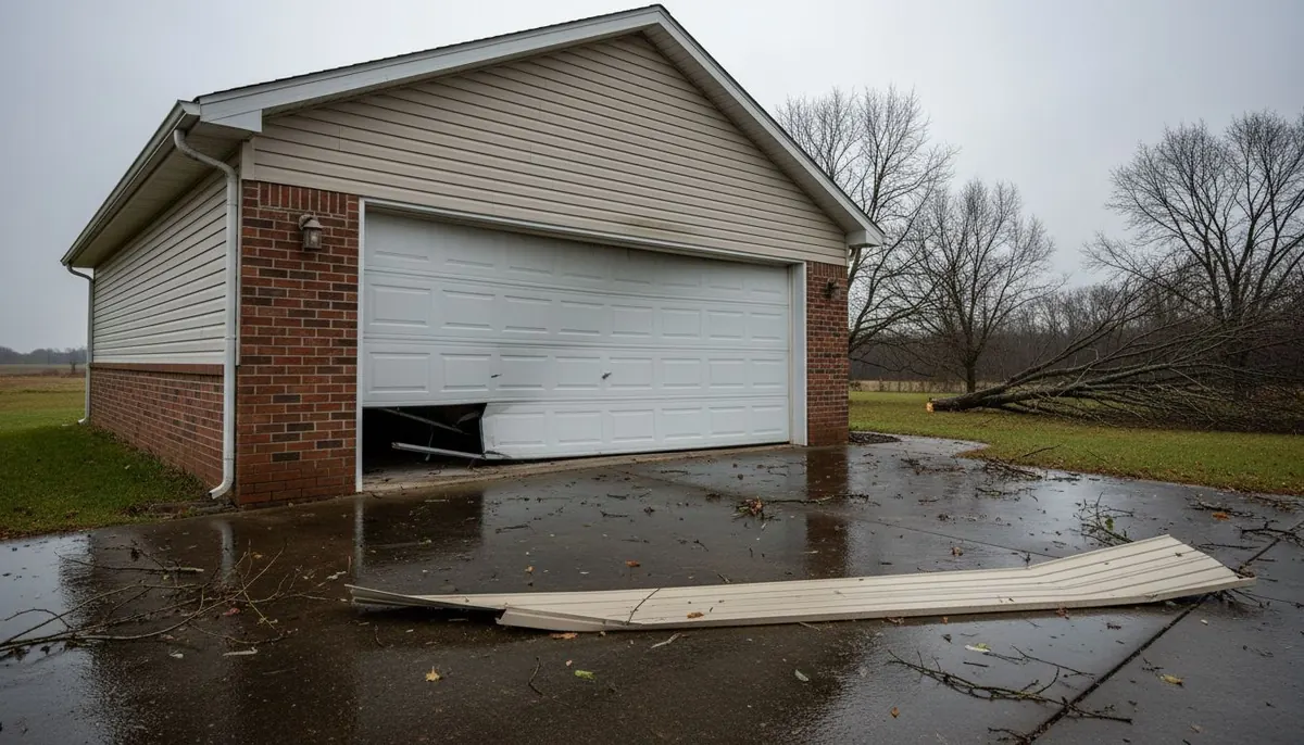 Steel sectional garage door hanging crooked in its tracks after a storm