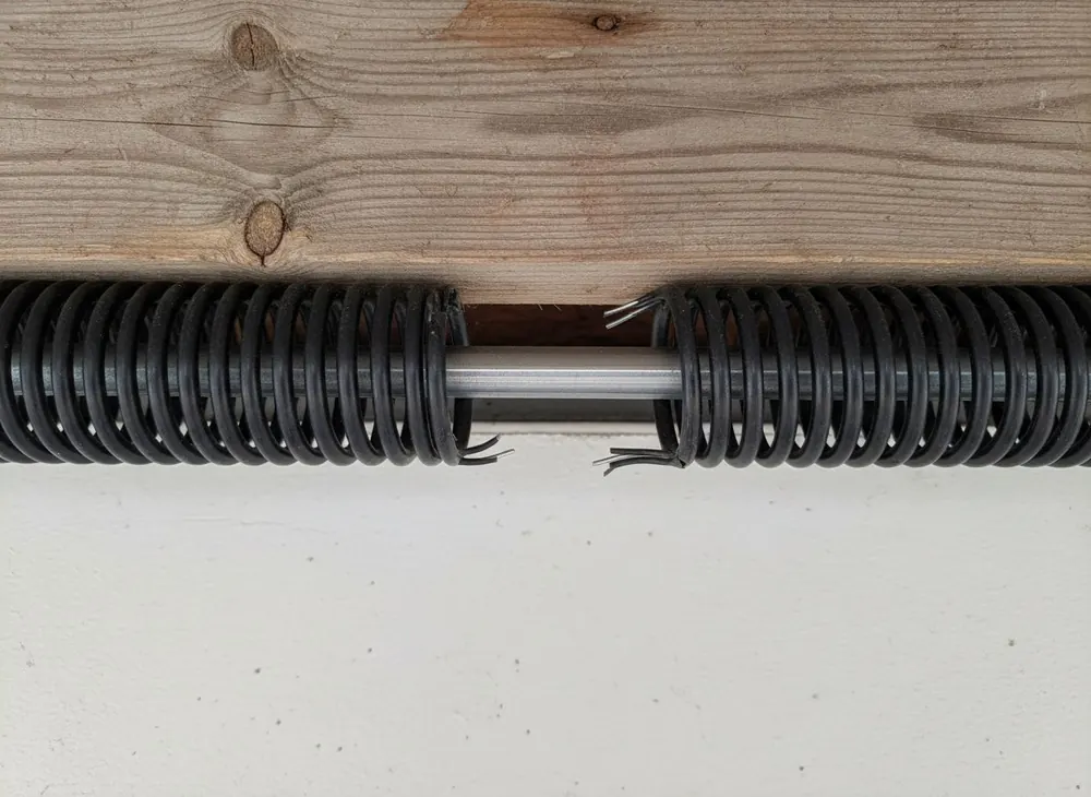 Broken torsion spring with a visible gap in the coil above a closed door