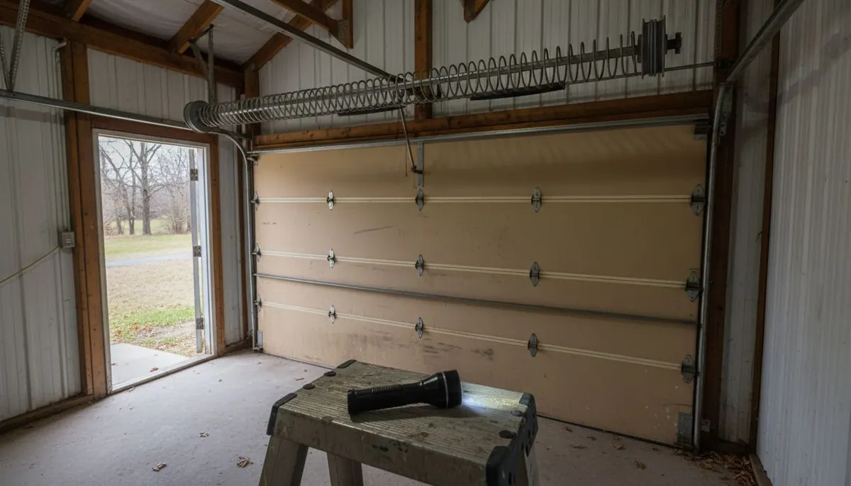 Torsion shaft, drums and hinges across the top of a raised panel garage door
