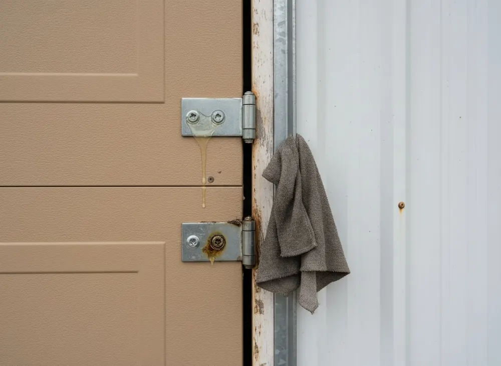 Fresh grease on the hinge pins of a raised panel steel door