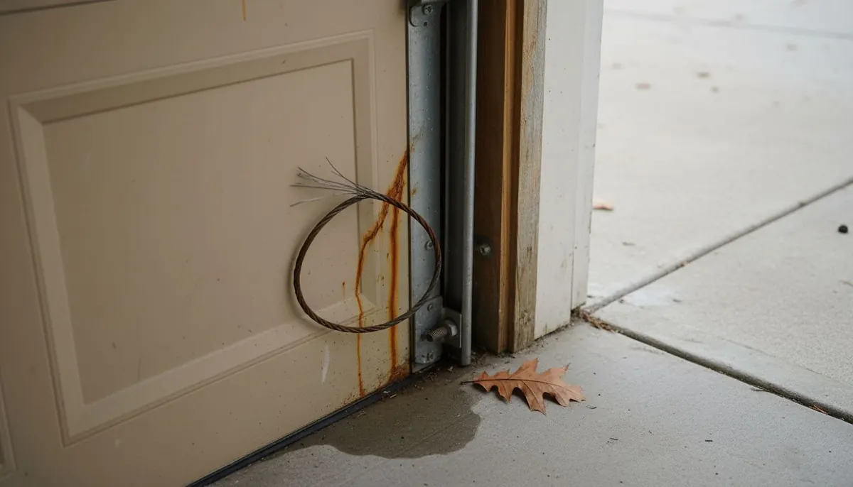A frayed steel lift cable hanging loose beside the bottom bracket of a garage door