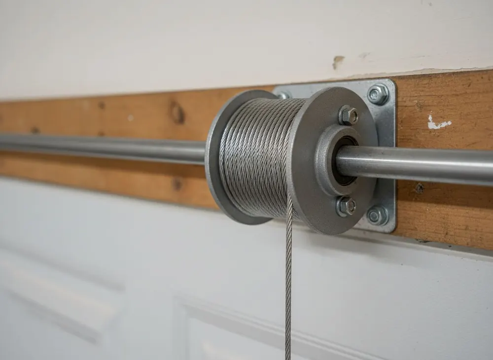 Lift cable wound neatly on a cable drum at the end of a torsion shaft