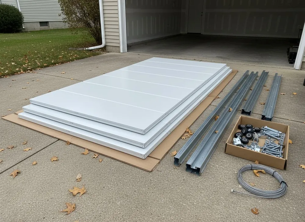 Garage door sections stacked on a driveway before installation with new track and hardware