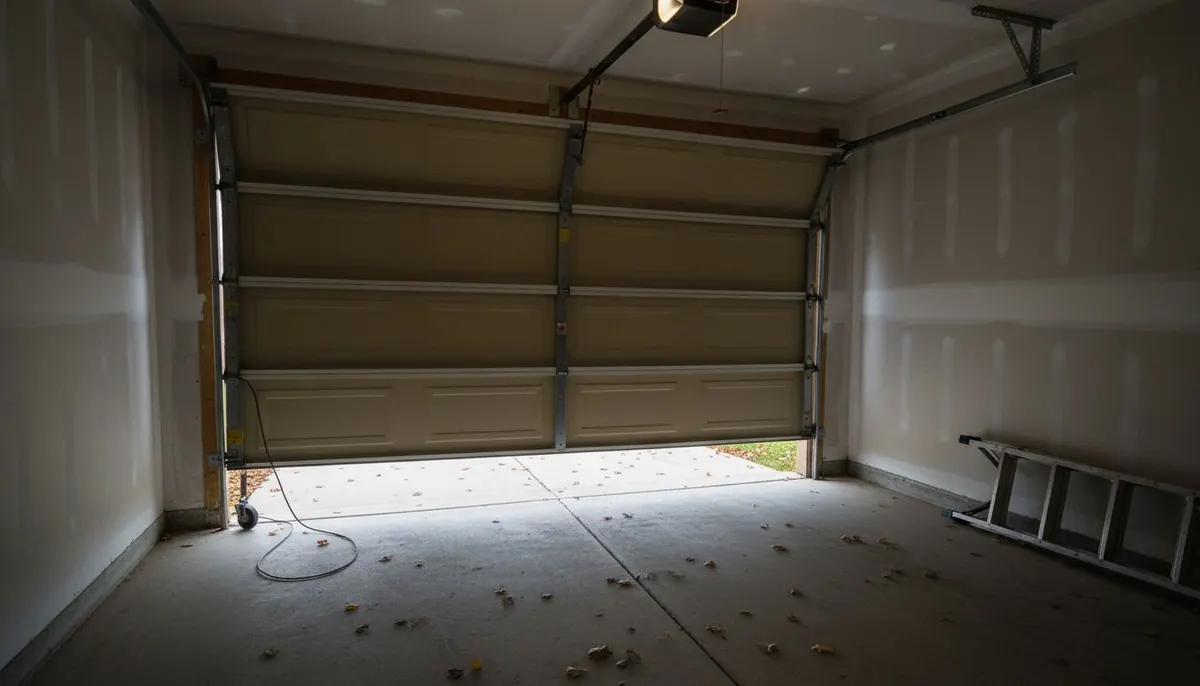 A sectional garage door hanging crooked with a roller popped out of the vertical track