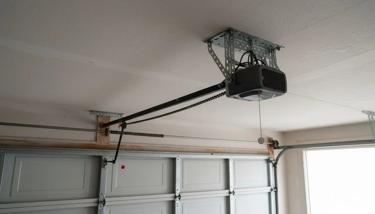 A ceiling-mounted chain drive garage door opener with its rail and trolley