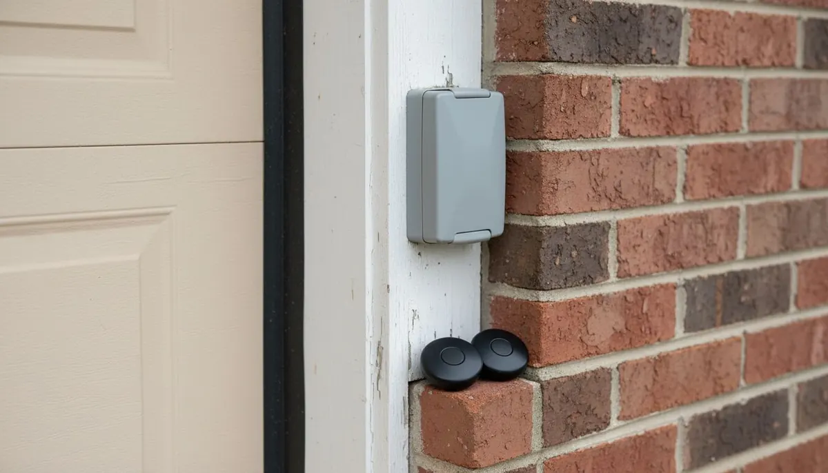Wireless keypad mounted on a garage door jamb beside two handheld remotes