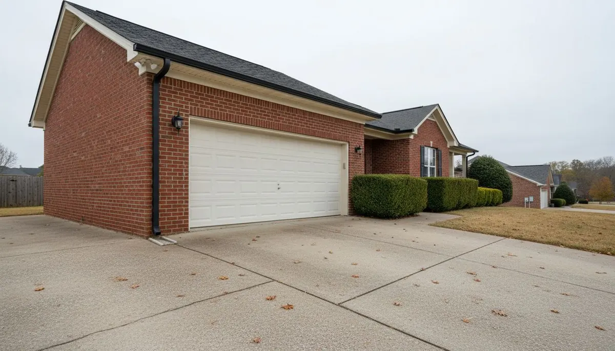 A white steel sectional garage door on a brick two-car garage on an overcast morning