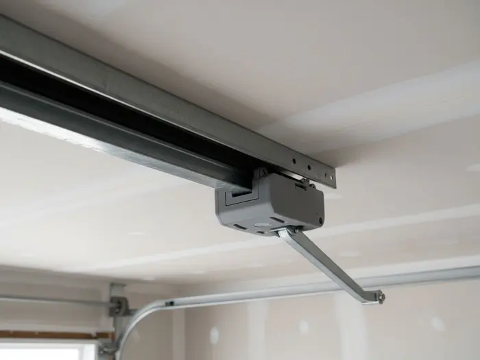 A rubber drive belt and trolley on a new opener rail, seen up close