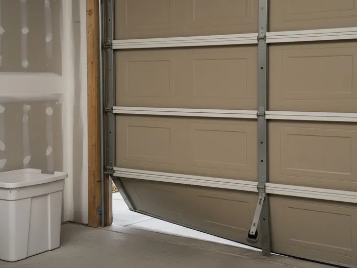 A garage door section leaning out of its vertical track