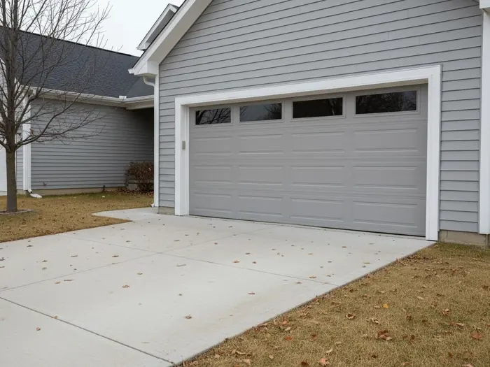 A new insulated steel double garage door with a row of windows