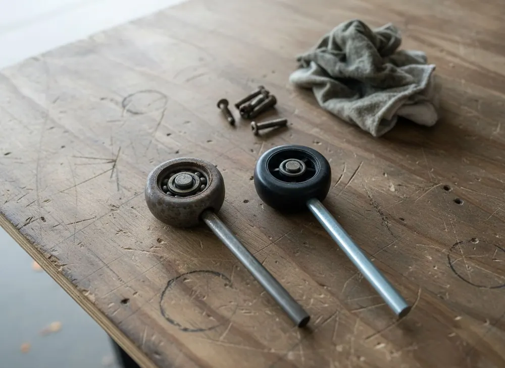 Worn steel roller beside a new sealed nylon roller on a garage workbench