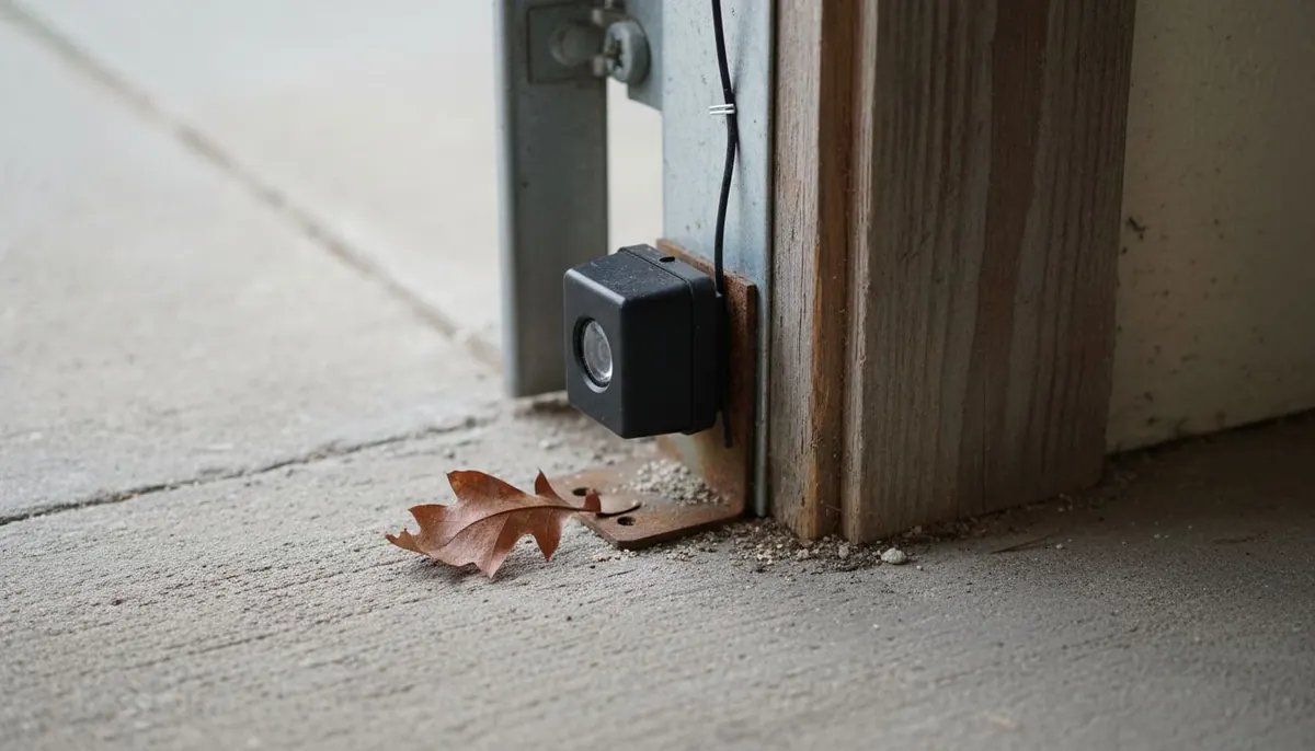 Small photo eye sensor mounted low on a garage door track near the floor