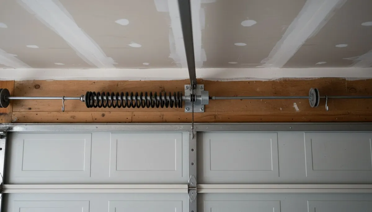 A torsion spring on a steel shaft above a closed sectional garage door