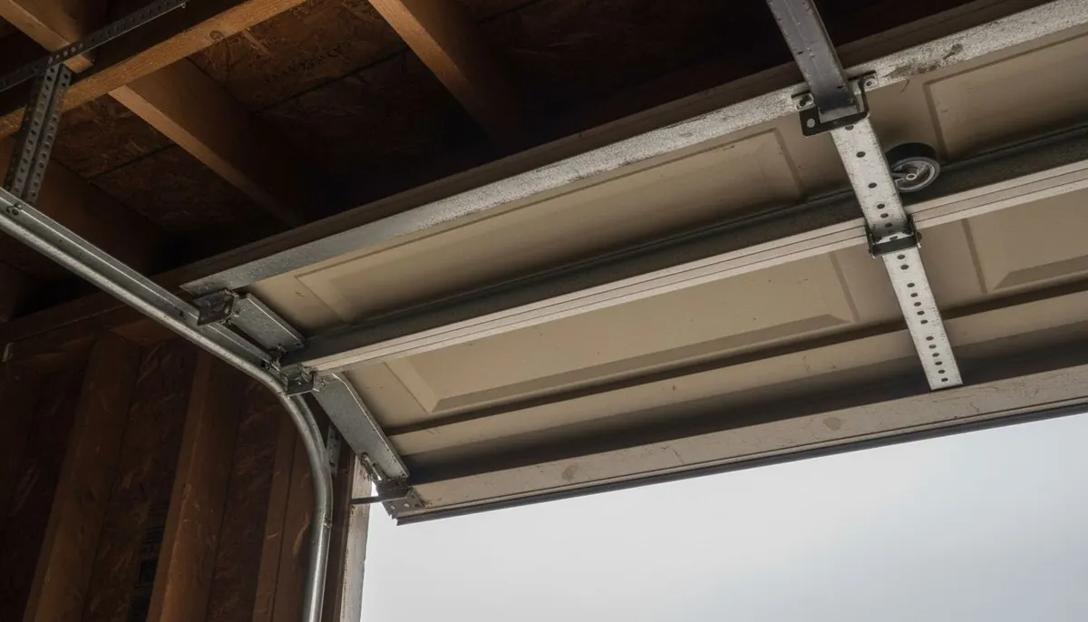 Steel garage door track curving from vertical to horizontal under a garage ceiling