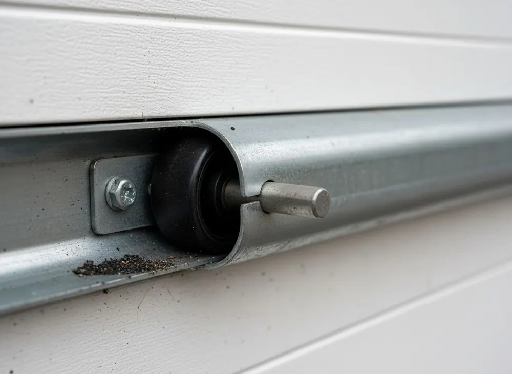 Close view of a nylon roller seated inside a two inch garage door track