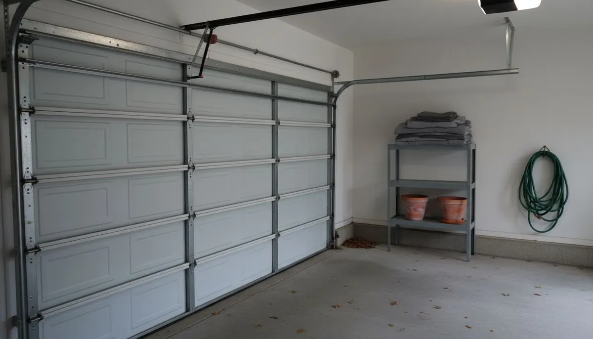 Garage door hinges, rollers and track inside a tidy garage