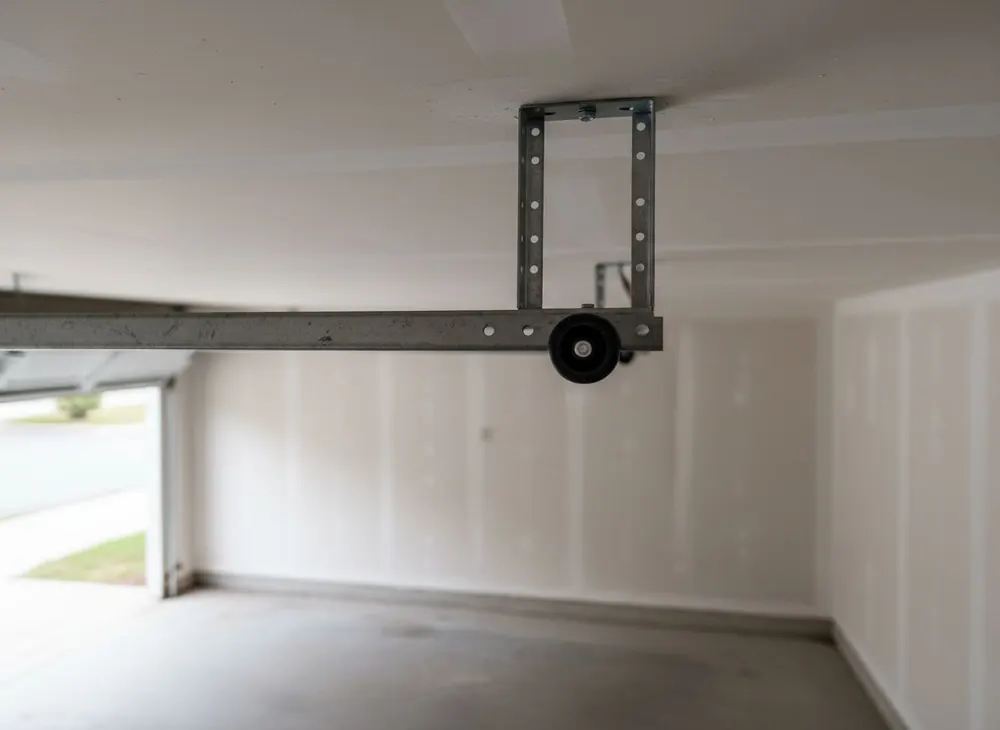Horizontal garage door track running a few inches below a low garage ceiling
