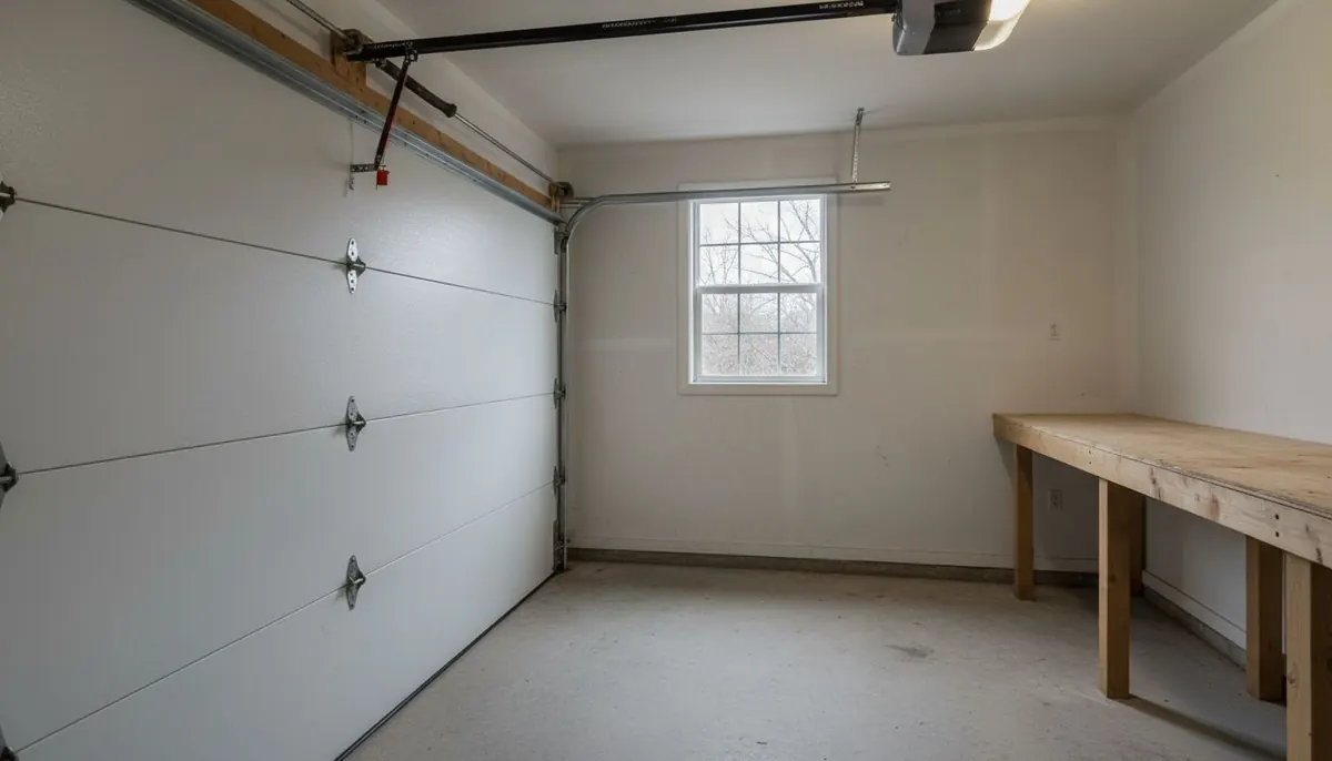Three-layer insulated garage door seen from inside with its steel back skin