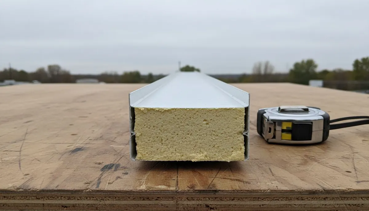 Cross section of a steel garage door panel with foam insulation core