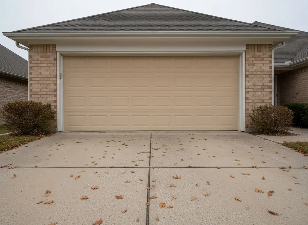 New insulated double garage door closed on a brick two-car garage