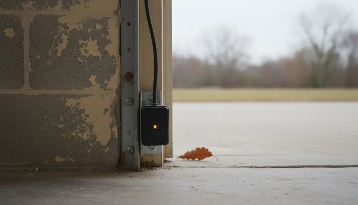 Photo eye sensor on a garage door track with its indicator light lit