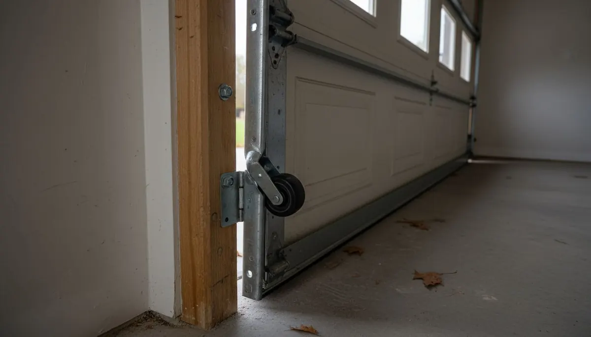 Garage door roller pulled out of a bent vertical track inside a garage