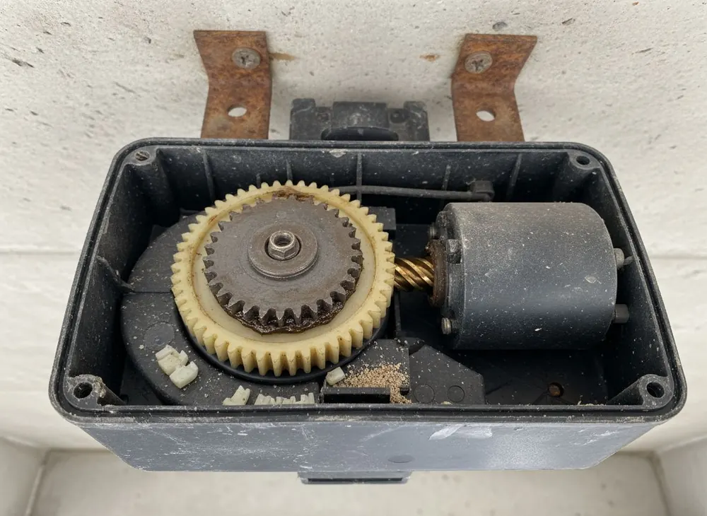 Opener motor housing opened to show the drive gear and sprocket