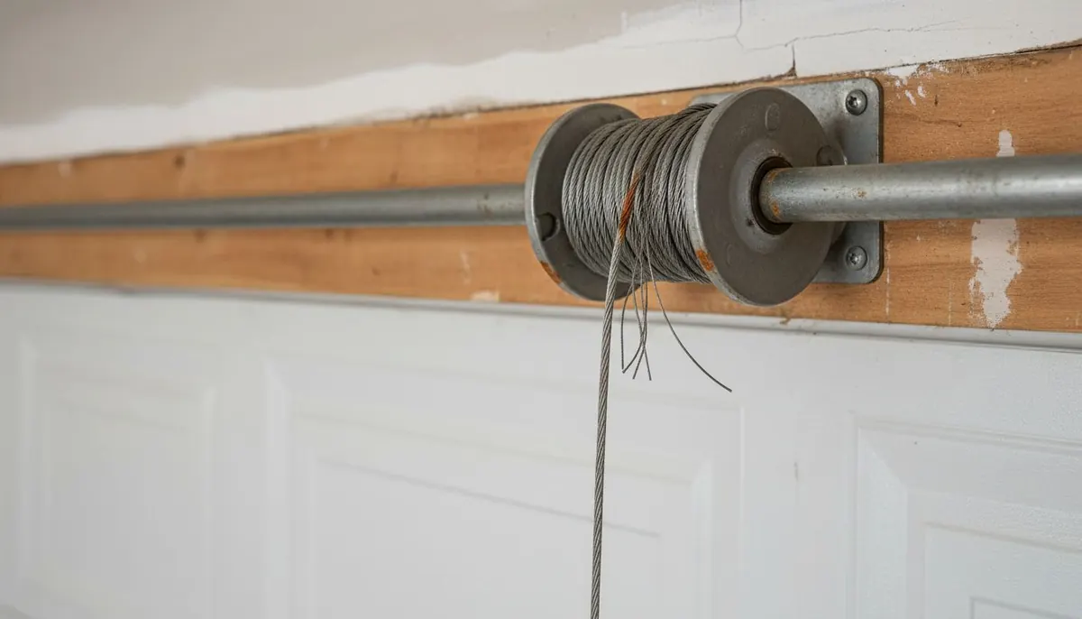 Frayed steel lift cable wound on a drum at the end of a torsion shaft