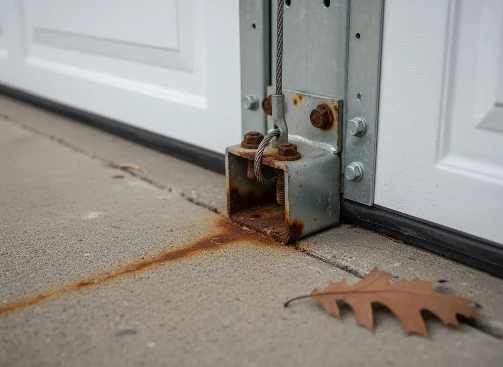 Bottom bracket of a garage door with the cable attached and rust on the steel
