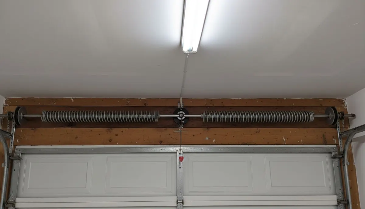 Twin torsion springs tightly wound on a steel shaft above a garage door header
