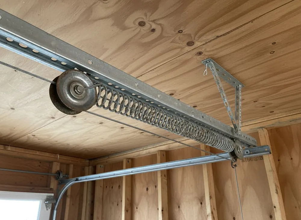 An extension spring stretched along a horizontal garage door track with a pulley