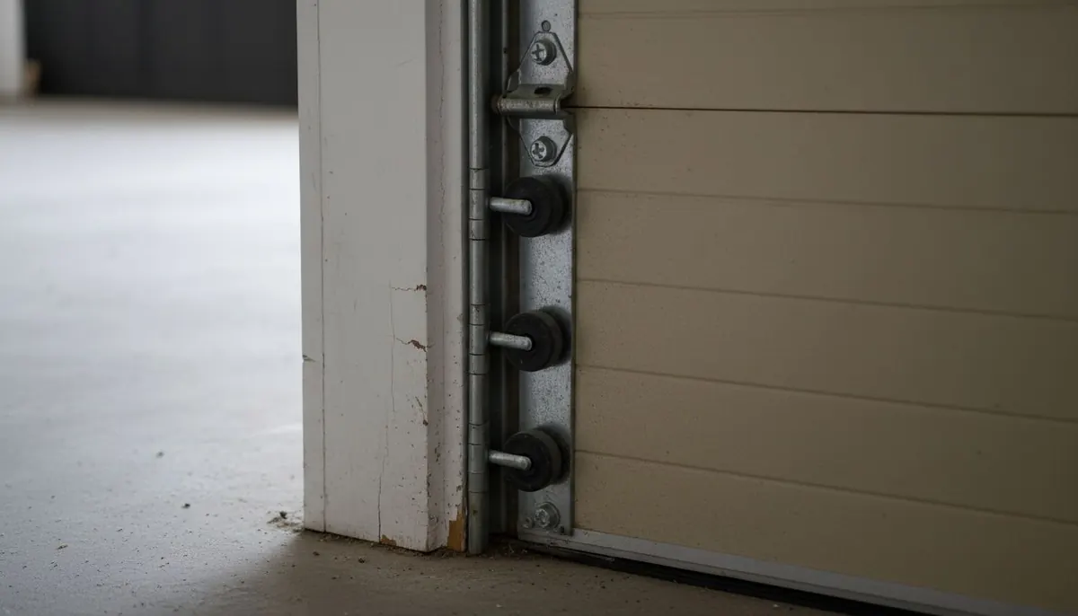 Nylon garage door rollers seated in a vertical steel track