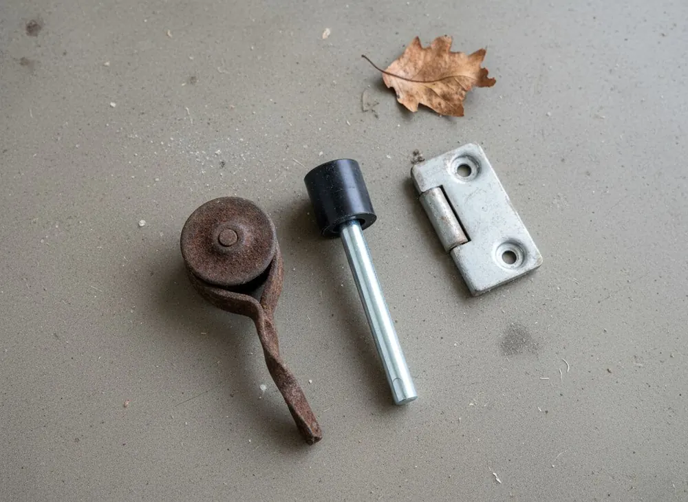 Old steel roller with a flattened wheel beside a new sealed nylon roller